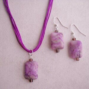 Plum Purple Ocean Jasper Earrings Necklace Set Handmade Beaded Gemstone Pierced